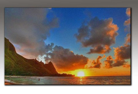 Colored sunset - sky, mountains, water, clouds, sea, ocean, sun