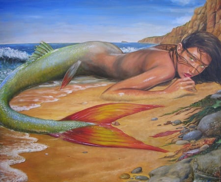 Beached Mermaid - fantasy, ocean, mermaid, beach