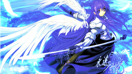 Beautiful purple and blue angel. - anime, purple, blue, valkyrie, wings, angel, feathers