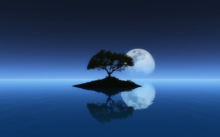 Pacific Calm - moon, trea, island, ocean, reflection