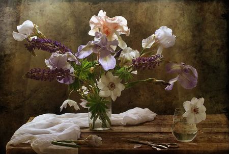 still life - flowers, vase, white, nature, purple, bouquet, still life