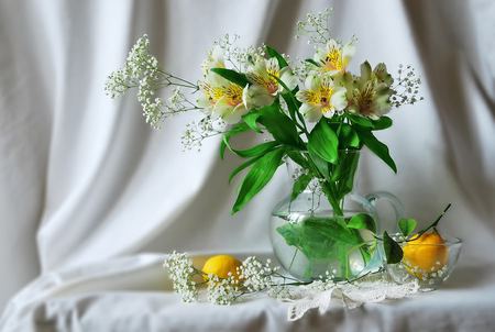 flowers - pitcher, yellow, flower, bouquet, flowers, white, nature, green, glass, lemon