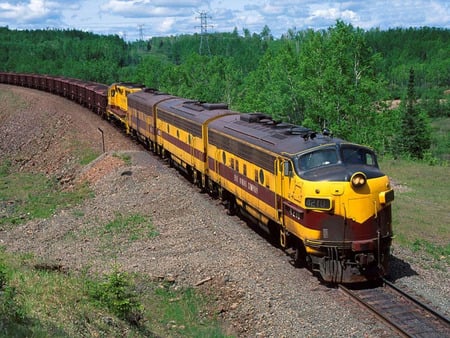 get it there - train, nature, sky, trees, railroad, track, grass