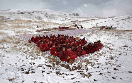 Tibet monks - religion, snow, monks, tibet