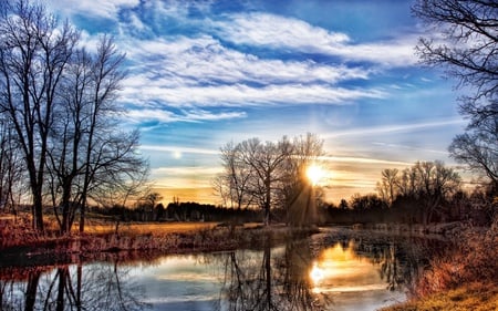 Good Morning - blue, real, sunrise, sunsets, reflection, gorgeous, lake, sky, sun, clouds, trees, winter, water, looks, beautiful, colors, orange, skies, colorful, river, white, nature, sunset, autumn, lakes, peaceful