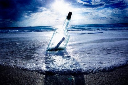 Destination - sky, clouds, paper, note, bottle, shore, sand, sea