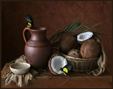 still life - brown, butterfly, kettle, water, yellow, coconut, still life, abstract