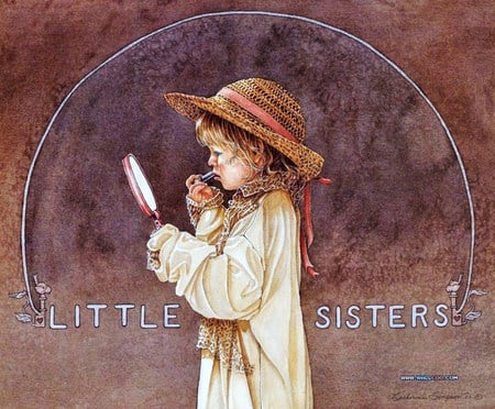 Little sisters - mirror, bonnet, little sister, girl, lipstick