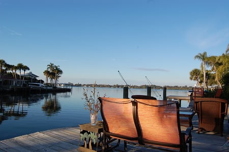 Sitting On The Dock Of The Bay - chairs, bay, deck, fishing polls