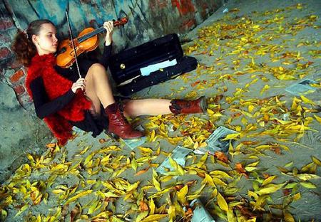 STREET ARTIST - girl, beautiful, music, violin, deadleaves