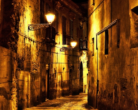 Golden-Street - street, night, golden, houses