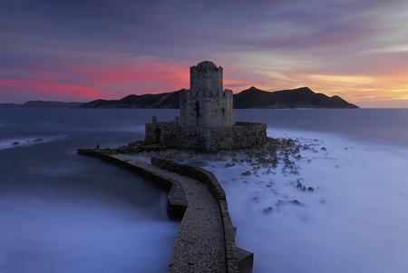 Castle in the Sea - clouds, ocean, architecture, mountain, castle, sky