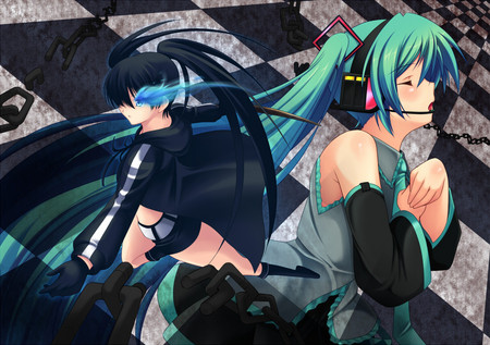 Hatsune Miku and Black Rock Shooter - black rock shooter, miku, twintail, girl, cute, hatsune, hatsune miku, headset