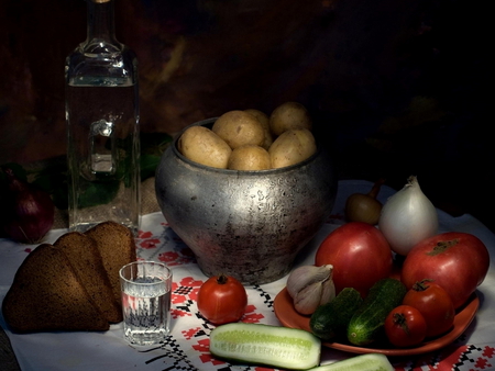 Food - nice, cucumber, bowl, photography, water, delicious, potatoes, clear, cucumbers, onion, garlic, arrangement, food, pot, bread, tomatoes, glass, vegetables, abstract, beautiful, photo