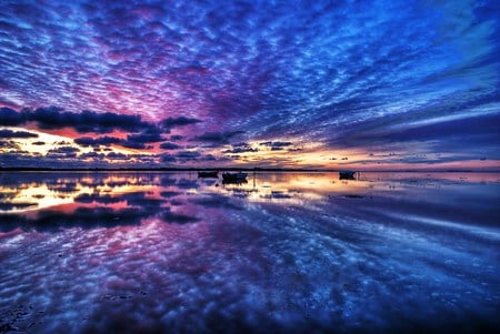 Rippled dawn - sky, lake, boats, dawn, clouds, ripples