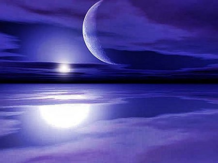 The mood is blue - moon, reflection, blue, sea, cg