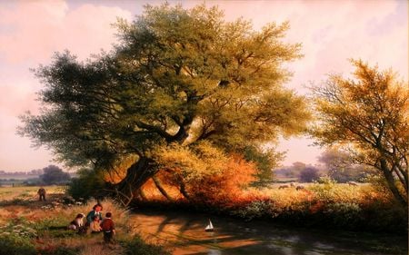 nature painting - river, trees, nature, painting