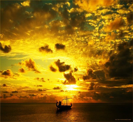 Skies of gold - clouds, sunset, water, golden sky, boat, ocean