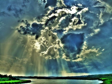 Rumble sky - sun rays, storm clouds, blue, gray, grass, sky