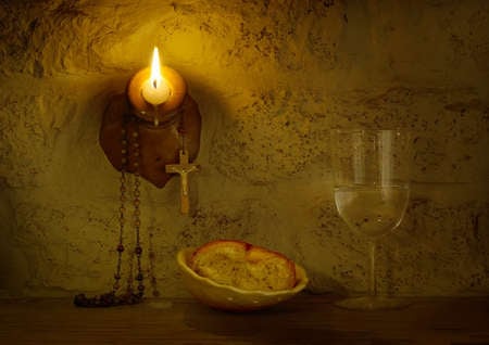 prayer - bread, abstract, water, prayer, candle, flame, cross, still life