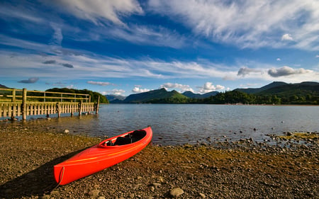 Abandoned Red Canoe - nature, lake, mountains, pier, canoe