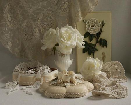 Purity - white, pretty, dainty, roses, lace, doiley, vase, curtain