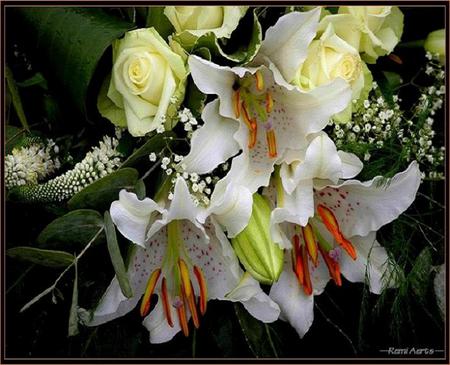 Beautiful lillies - white, babys breath, roses, pale yellow, petals, llillies, bunch, flowers