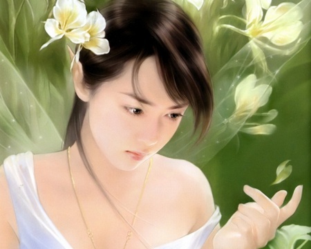 Chinese Girl 76 - flower, women, cute, maiden, beautiful, elf, hot, anime girl, girl, oriental, wings, white, chinese, fantasy, lady, fairy, woman, pretty, wing, beauty, anime, nice, sexy, female, green