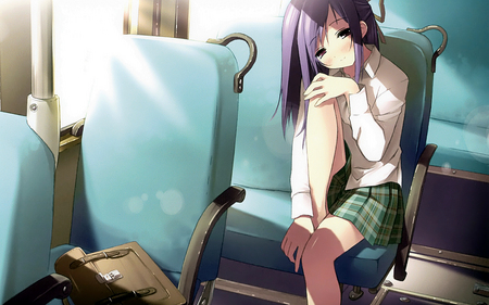 On The Bus - school uniform, cute anime girl, bus, uniform, purple hair, anime girl, plaid