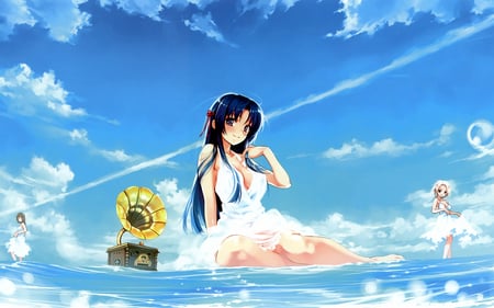 Sirens - clouds, pure white wings, water, wet, deep blue sky, seduction, blue hair, cute anime girls, anime girls