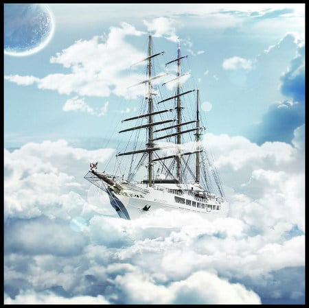 ship to Heaven - moon, ship, sky, clouds