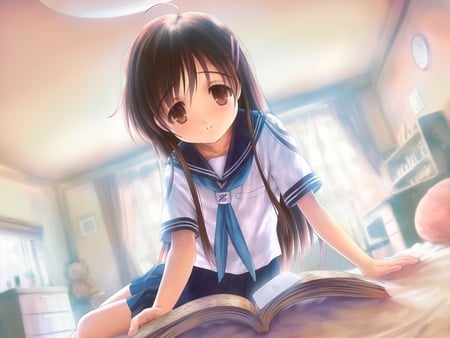 reading - anime, female, book, school, girl, cute