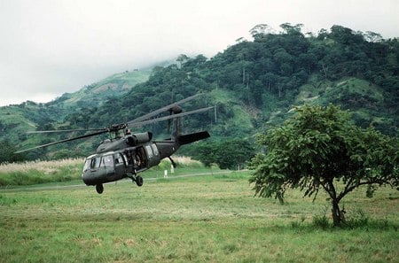 Helicopter take off - chopper, land, green, helicopter, grass, mountains, valley