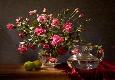 Pink Passion - pitcher, vase, roses, water, cloth, petals, pink, flowers, red, fruit, rose, apple