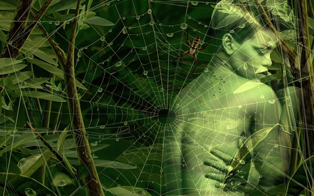 Lost in a Spider Web - spider, fantasy, woman, green