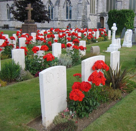 Canadian War Graves - rosers, church, cross, head stones, grass