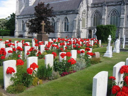 Canadian War Graves part 4 - cross, church, head stones, flowers, grass