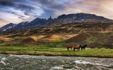 Landscape - hills, range, rivers, landscape, grass, creeks, living, free, sky, clouds, valley meadow, beautiful, photography, colors, horse, river, nature, horses, green, mountains, animals, wild