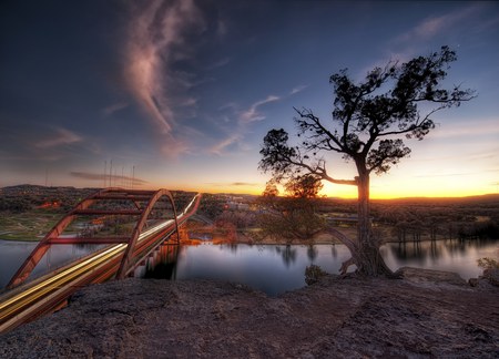 A New Day - sky, peaceful, nature, river, beautiful, clouds, city, architecture, tree, sunrise, bridge