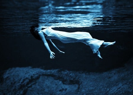 Night swim - dressed, gown, floating, woman, night, swim