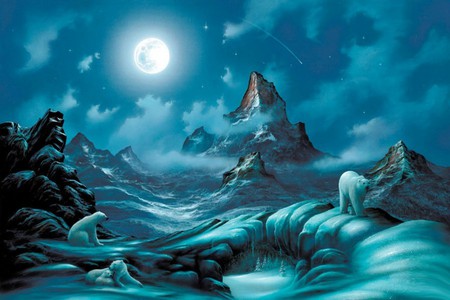 LORDS OF THE ARCTIC - moon, ice, bears, sky, cold, blue, polar, arctic