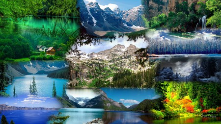 Mountains and Lakes - streams, collage, mountains, widescreen, lakes, abstract, forest, colors, firefox persona