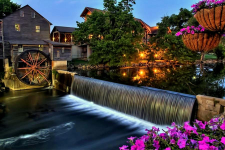 Peaceful Evening - flowers, river, trees, water, mill, lights