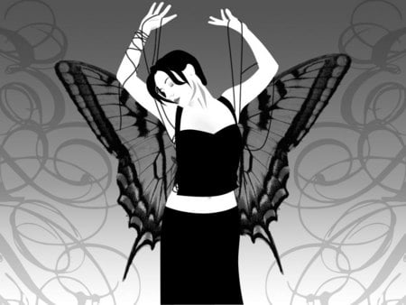 Madame Butterfly - black, butterfly lady, grey, white, wings