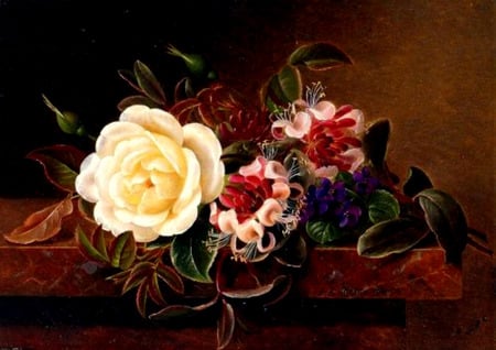 Violet And Roses - marble table, roses, flowers, still life, violet