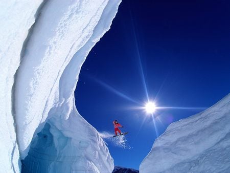 The Abyss Ruth Gorge Alaska - gap, snow, ruth gorge, alaska, sun, winter, big air, snowboarding