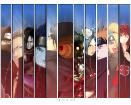 Akatsuki Members - sasuke, itatchi, guy, kyuubi the nine tailed fox, kiba, shukaku, gaara, haku, naruto, neji, iruka, rock lee, konohamaru, shikamaru, sakura, zabuza, temari, tsunade, hokage, kunai knives, akamaru, ten ten, ninja, hinata, kakashi, shino