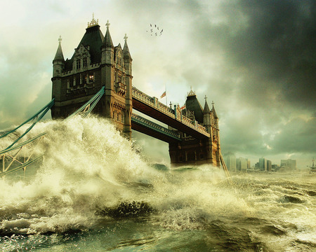 The Flood Waves over London Bridge (3D) - flood, tower bridge, flood waves, disaster, catastrophe, calamity, england, its so cool, waves, bridge