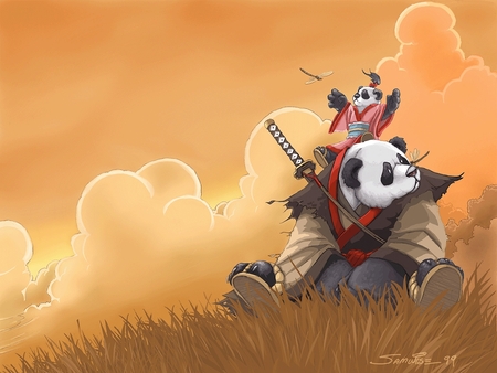 Okami in Pandaland - art, pandaland, anime, ronin, samurai, panda, child, manga