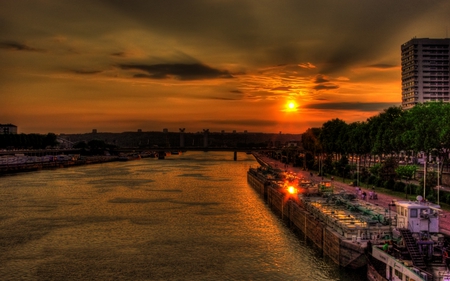 Sunset - alley, people, town, golden, sky, clouds, trees, beautiful, city, colors, buildings, street, river, nature, sunset, peaceful, bridge, building